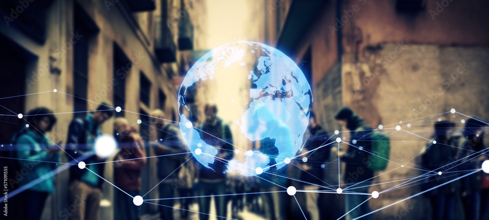 Aufkleber Group of people using mobile phone and global communication network concept. Wide angle visual for banners or advertisements.