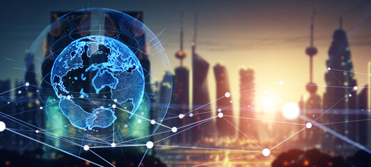 Futuristic city and global communication network concept. Wide angle visual for banners or...