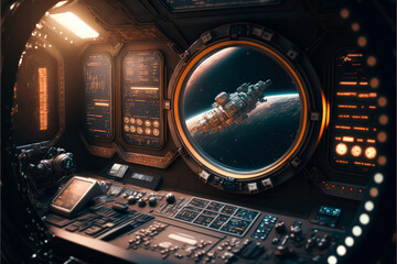 Futuristic view from spaceship cockpit control board, 3D illustration. Science fiction background, intense color. © La Cassette Bleue