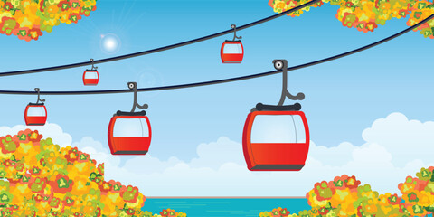 Cable car transportation rope way over autumn.