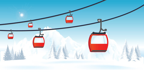 Cable cars or aerial lift on winter landscape with mountains.