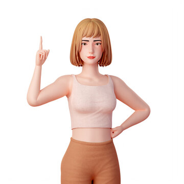 3D Illustration Portrait of a Young Woman Pointing Up with Right Hand in Crop Top and Sport Wear