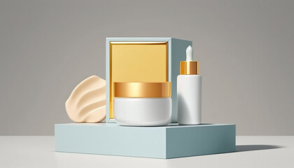 Skincare on a podium with a blank white background created with Generative AI technology