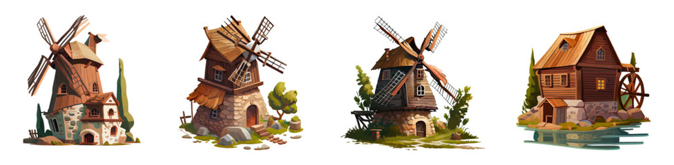 Windmill set. Vector illustration of a vintage windmill on a white background. Cartoon set of windmill icons. Old windmills. Traditional Dutch farm buildings for grinding wheat grains into flour - obrazy, fototapety, plakaty