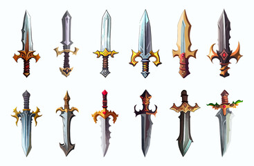 Colorful Fairy Tale knight swords weapon for game interface. Vector cartoon set of fantasy metal different kind of swords isolated on background. Flat style. Vector illustration