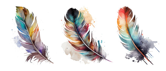 Watercolor bright set of feathers. Boho style. The illustration is isolated on white. Bird fly design for t-shirt, invitation, decoration, postcard, textile, wedding card. Bright colors. Vector