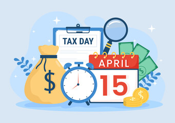 Tax Day Illustration with Clipboard Form, Clock, Calendar and Coins Money for Web Banner or Landing Page in Flat Cartoon Hand Drawn Templates