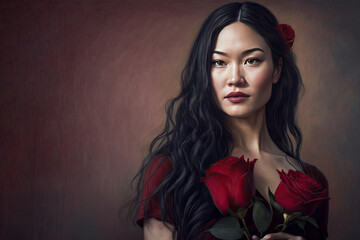 romantic portrait of a young Asian woman with long black hair.  holding a bouquet of delicate roses in her hands, adding to the soft, romantic atmosphere of the image. Her gentle expression  way, ai