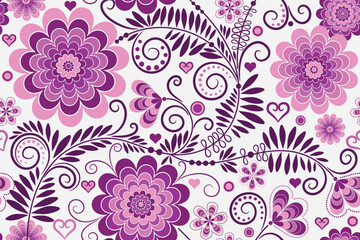 Vector floral seamless valentine pattern with hearts and flowers in retro style on white