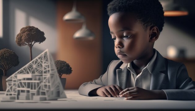 Empowering Children in the Workplace: Celebrating Diversity, Equity, and Inclusion (DEI) in the Industry with African American boy as a Architect (black) (generative AI)