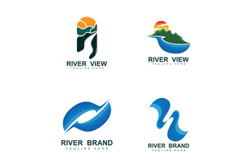 River Logo Design, River Creek Vector, Riverside Illustration With A Combination Of Mountains And Nature, Product Brand
