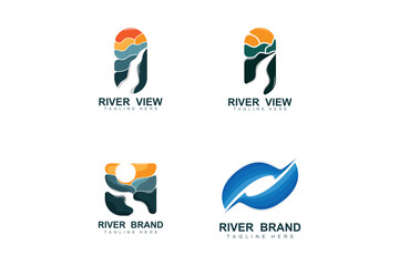 River Logo Design, River Creek Vector, Riverside Illustration With A Combination Of Mountains And Nature, Product Brand