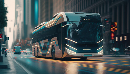 Obraz premium Autonomous Bus. Future, futuristic. Public Transportation. Sustainable City. City Bus. Generative AI.