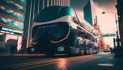 Fototapeta na wymiar Autonomous Bus. Future, futuristic. Public Transportation. Sustainable City. City Bus. Generative AI.