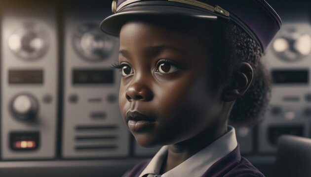 Empowering Children in the Workplace: Celebrating Diversity, Equity, and Inclusion (DEI) in the Industry with African American girl as a Air traffic controller (black) (generative AI)