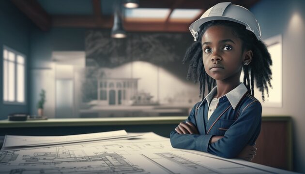 Empowering Children in the Workplace: Celebrating Diversity, Equity, and Inclusion (DEI) in the Industry with African American girl as a Architect (black) (generative AI)