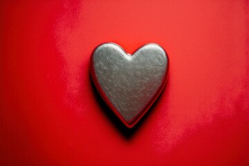 Obraz premium valentines day , silver heart on solid red background with Generative AI