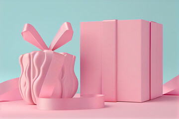 a pink boxes gift boxes with a gift on a blue background Close up 
