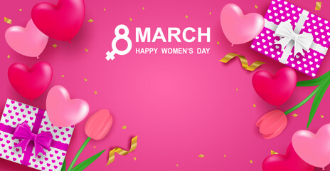 8 march. Happy Woman's Day. Design with tulips on pink background. Vector.