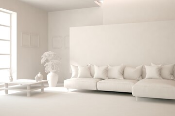 White minimalist living room with sofa. Scandinavian interior design. 3D illustration