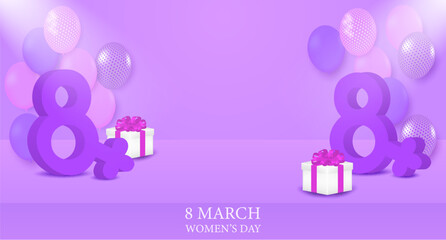 8 march. Happy Woman's Day theme product display podium. Design with balloon on purple background. Vector.