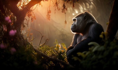 Gorilla in the lush tropical forests sitting on a tree branch. Generative AI