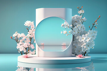 White product display podium with water reflection and blossom flowers on blue background