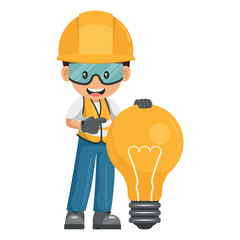 Industrial worker with giant light bulb. Creative concept for the generation of ideas. Industrial safety and occupational health at work