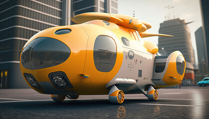 Flying Transportation. Air Ambulance. Future, futuristic. Public Transportation. Sustainable City. Autonomous. Urban Air Mobility. Generative AI.