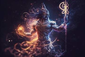 Generative AI Hindu god Shiva, Colorful indian hindu God Shiva hand holding Trident. God Shiva epic pose with trishula, magic in hand for t-shirt print, poster - Hindu religious art. - obrazy, fototapety, plakaty