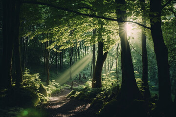 Naklejka na ściany i meble Beautiful rays of sunlight in a green forest with trees and plants background created with a generative ai technology