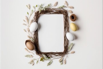 Blank frame for easter egg text and willow branches with Generative AI - obrazy, fototapety, plakaty