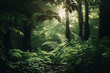 Beautiful rays of sunlight in a green forest with trees and plants background created with a generative ai technology