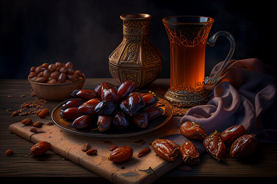 Dates fruit on a plate. Breaking fast during Ramadan
