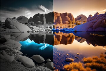 Abstract dual image landscape of lake and desert