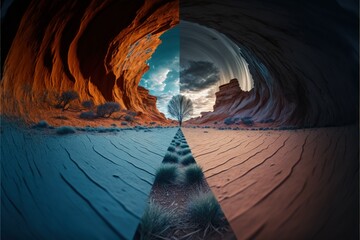 Fish eye lens landscape dual image photo of desert tree