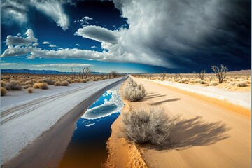 Landscape image of desert stream with clouds