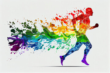 runners in colorful rainbow landscape background