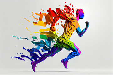 Obraz premium runners in colorful rainbow landscape background