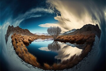 Landscape fish eye lens of lake with tree and clouds