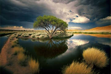 Landscape photo of tree and lake with storm in distant