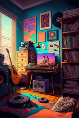 Lofi room illustration with computer desk colorful records posters