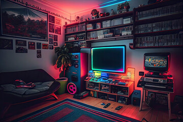 Awesome gaming setup from the 80-s. Retro gaming concept. Vintage retro room for entertainment