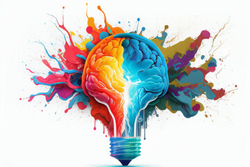 Creative mind illustration, a lightbulb with a creative brain inside exploding colorful color to outside the bulp lamp. Generative Ai about connection between creativity and imagination