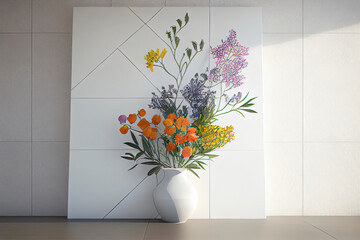 Wall covering depicting a mosaic of simple flowers on a white backdrop. a contemporary bouquet against a white wall