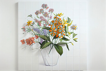 Wall covering depicting a mosaic of simple flowers on a white backdrop. a contemporary bouquet against a white wall