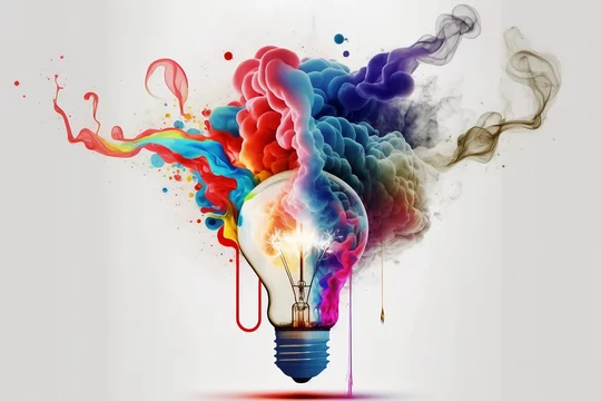 Creativity light bulb with colorful brain inside and exploding creative color mind outside, connection symbol between creativity and imagination. generative ai art