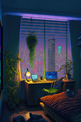 Bedroom illustration-Aesthetic chill with plants computer and city 