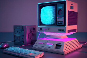 Vintage Desktop PC with Floppy Drive, Keyboard and Mouse in Neon Lightning. 3D Rendering