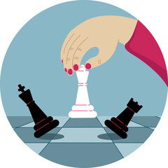 Female hand holding white queen figure woman playing chess business strategy concept flat design